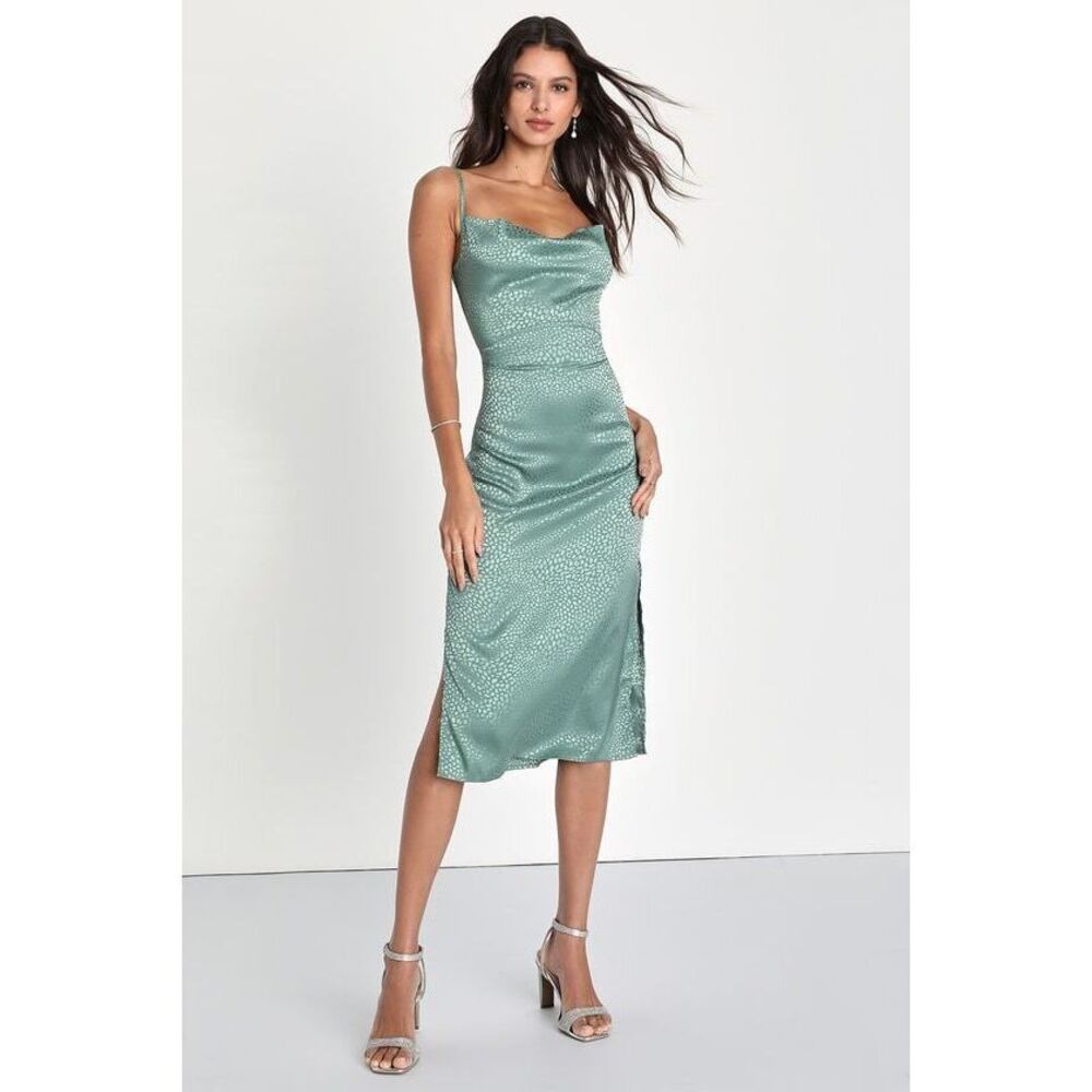 Total Stunner Sage Green Satin Jacquard Cowl Neck Midi Dress